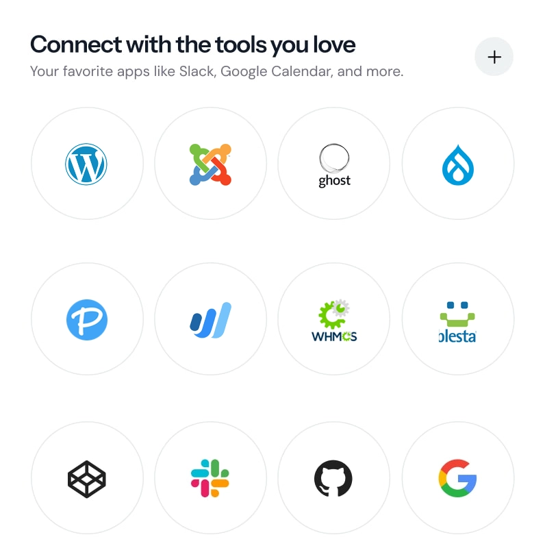 Icons of popular software tools like WordPress, Slack, and Google, illustrating software customization and integration capabilities.